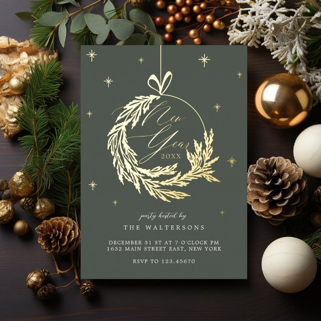 Invitación Con Relieve Metalizado Fiesta de Año Nuevo Elegante Ornamento de feriado  (New Year Party Elegant Garland Holiday Ornament Foil Invitation)