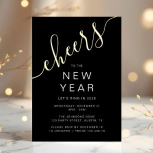 Invitación Con Relieve Metalizado Fiesta de Año Nuevo Elegante Script Dorado