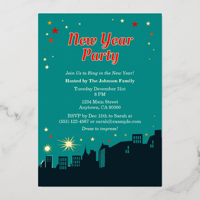 Invitación Con Relieve Metalizado Fiesta de Año Nuevo Estilo Moderno de Mediados del (Anverso)