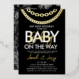Invitación Con Relieve Metalizado Fiesta de Baby Shower de Hip Hop Negro y Dorado