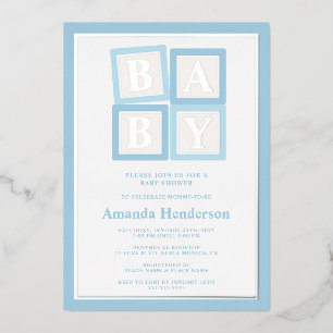 Invitación Con Relieve Metalizado Fiesta de Baby Shower Niño Bloques Bebé Azules