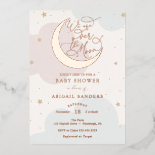 Invitación Con Relieve Metalizado Fiesta de Baby Shower Rosa y Azul Luna Dorada