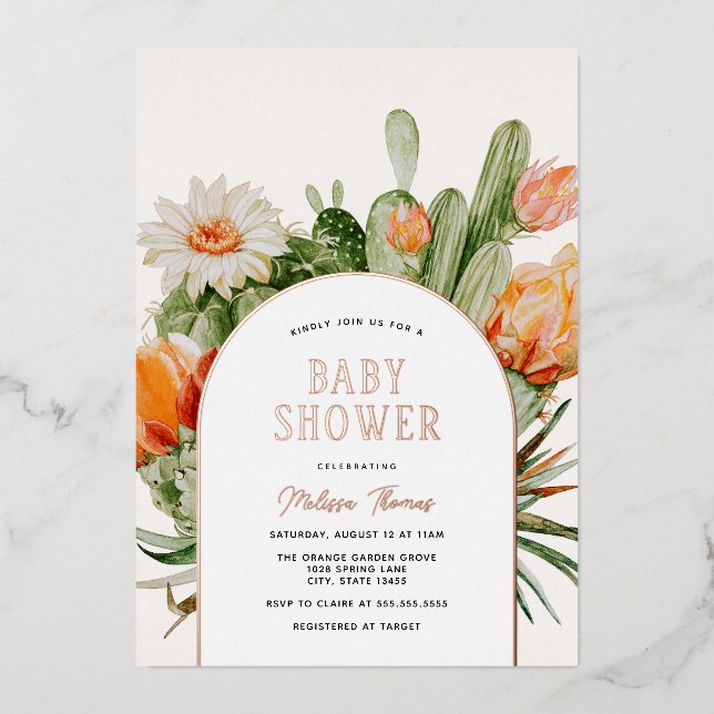 Invitación Con Relieve Metalizado Fiesta de Bebé Cactus Boho (Anverso)