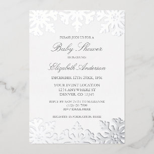 Invitación Con Relieve Metalizado Fiesta de Bebé de Invierno Copo de Nieve Plateado