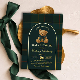 Invitación Con Relieve Metalizado Fiesta de Bebé de Oso de Peluche a Cuadros Polo