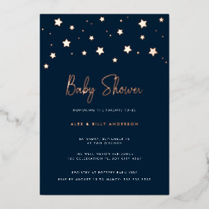 Invitación Con Relieve Metalizado Fiesta de Bebé de Padres Estrellas Azules Oscuras