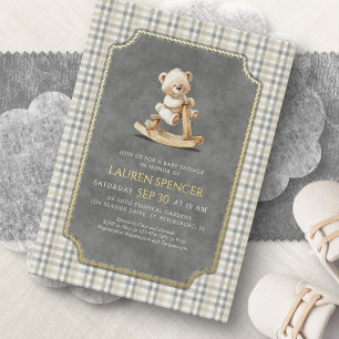 Invitación Con Relieve Metalizado Fiesta de Bebé del Oso Polo Elegante