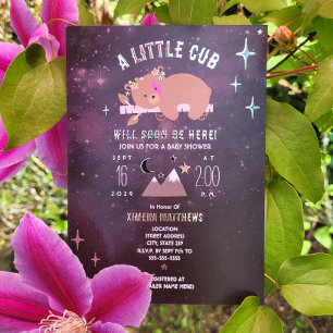Invitación Con Relieve Metalizado Fiesta de Bebé Estrellas de Hojalata Cubo Cósmico