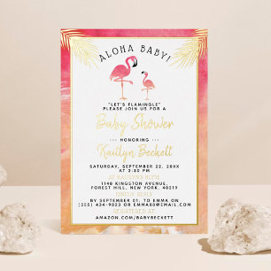 Invitación Con Relieve Metalizado Fiesta de Bebé Flamenco Acuarela Tropical Real