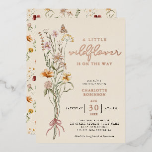 Invitación Con Relieve Metalizado Fiesta de bebé floral boho de flor silvestre real