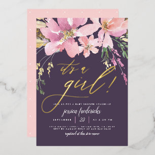 Invitación Con Relieve Metalizado Fiesta de Bebé Floral de Niña en Morado Oscuro y D