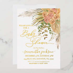 Invitación Con Relieve Metalizado Fiesta de Bebé Floral de Pasto Pampas Boho Metálic