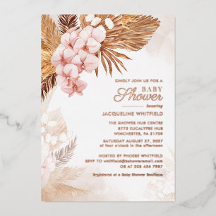 Invitación Con Relieve Metalizado Fiesta de Bebé Floral Terracota con Hierba de Pamp