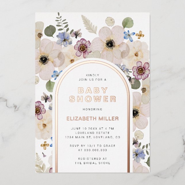 Invitación Con Relieve Metalizado Fiesta de Bebé Moderna Boho (Anverso)