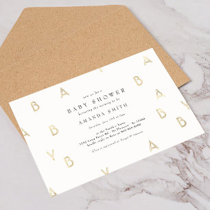 Invitación Con Relieve Metalizado Fiesta de Bebé Moderna Minimalista Neutra Real 