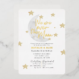 Invitación Con Relieve Metalizado Fiesta de Bebé Neutral: Sobre La Luna y Estrellas