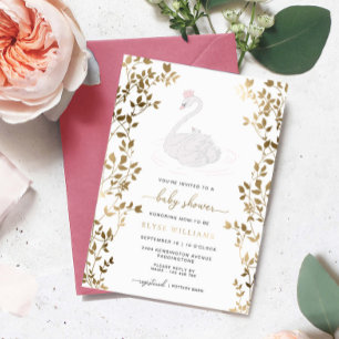 Invitación Con Relieve Metalizado Fiesta de Bebé Niña Princesa Cisne