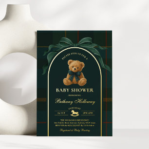 Invitación Con Relieve Metalizado Fiesta de Bebé Niño Polo Teddy Bear Tartan Franela