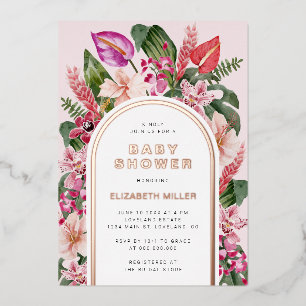Invitación Con Relieve Metalizado Fiesta de Bebé Tropical Rosa