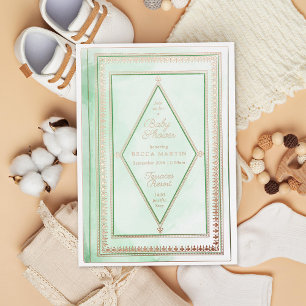 Invitación Con Relieve Metalizado Fiesta de Bebé Verde Menta Antiguo Romántico