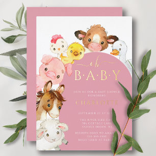Invitación Con Relieve Metalizado Fiesta de Bienvenida para el Bebé en la Granja