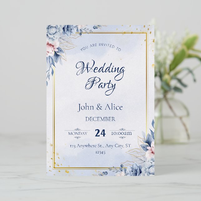 Invitación Con Relieve Metalizado Fiesta de Boda Floral Azul Elegante (Anverso de pie)
