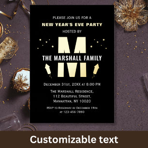 Invitación Con Relieve Metalizado Fiesta de Celebración de Nochevieja Monograma Fami