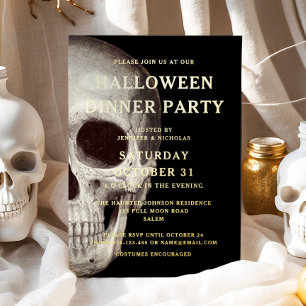 Invitación Con Relieve Metalizado Fiesta de cena de Halloween de cráneo muerto con l