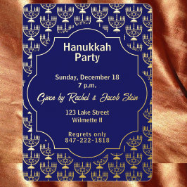 Invitación Con Relieve Metalizado Fiesta de cena de Hanukkah menorah