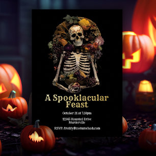 Invitación Con Relieve Metalizado Fiesta de cena espeluznante esqueleto de Halloween