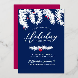 Invitación Con Relieve Metalizado Fiesta de cena navideña plateado azul rojo Navidad