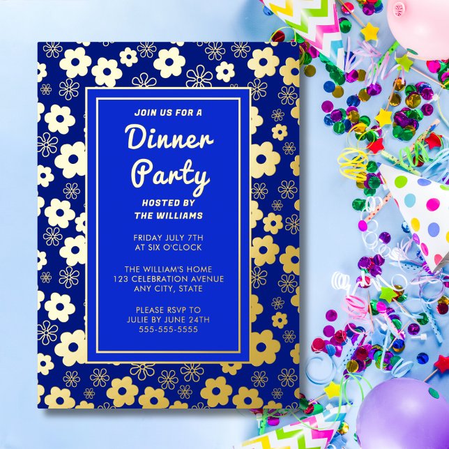 Invitación Con Relieve Metalizado Fiesta de cena Retro Fun Flowers Celebración (Subido por el creador)