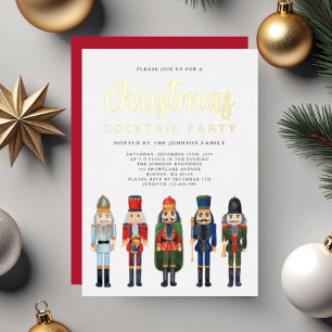 Invitación Con Relieve Metalizado Fiesta de Cóctel de Navidad Cascanueces Rojo Dorad