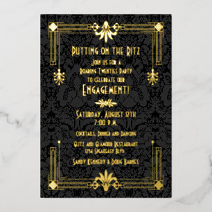 Invitación Con Relieve Metalizado Fiesta de Compromiso Art Déco de los Rugientes Año