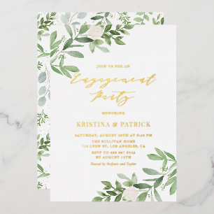 Invitación Con Relieve Metalizado Fiesta de compromiso con flores blancas y vegetaci