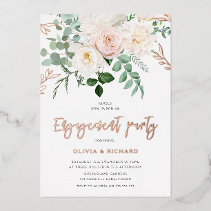 Invitación Con Relieve Metalizado Fiesta de compromiso con flores rosadas y marfil e