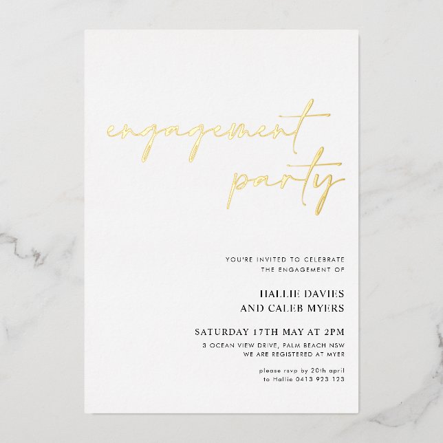 Invitación Con Relieve Metalizado Fiesta de compromiso con letra simple moderna con  (Anverso)