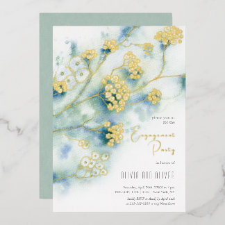 Invitación Con Relieve Metalizado Fiesta de Compromiso de Flores Blancas Pequeñas