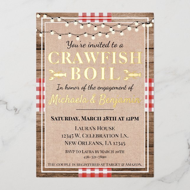 Invitación Con Relieve Metalizado Fiesta de compromiso de langosta de langosta (Anverso)