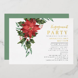 Invitación Con Relieve Metalizado Fiesta de Compromiso de Navidad Floral Dorada