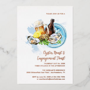 Invitación Con Relieve Metalizado Fiesta de Compromiso de Ostiones y Cerveza con Acu