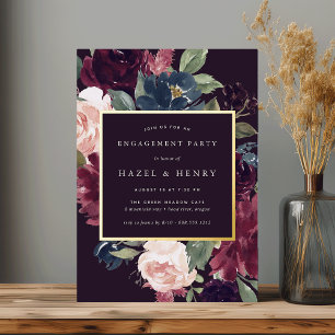 Invitación Con Relieve Metalizado Fiesta de Compromiso Flor de Ciruelo