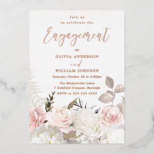Invitación Con Relieve Metalizado Fiesta de Compromiso Garden Blush Floral Rosa Dora