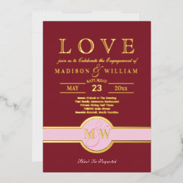Invitación Con Relieve Metalizado Fiesta de Compromiso LOVE Monograma de Lujo Burgun