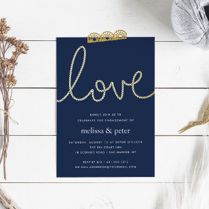 Invitación Con Relieve Metalizado Fiesta de compromiso náutica de nudo dorado y azul