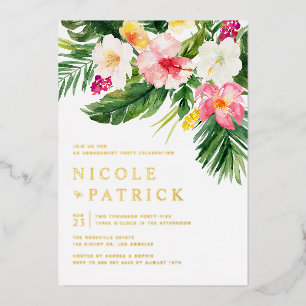 Invitación Con Relieve Metalizado Fiesta de compromiso tropical con vegetación y flo