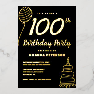 Invitación Con Relieve Metalizado Fiesta de cumpleaños 100 de Oro Negro Oro Real