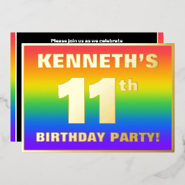 Invitación Con Relieve Metalizado Fiesta de cumpleaños 11: Patrón arcoiris divertido