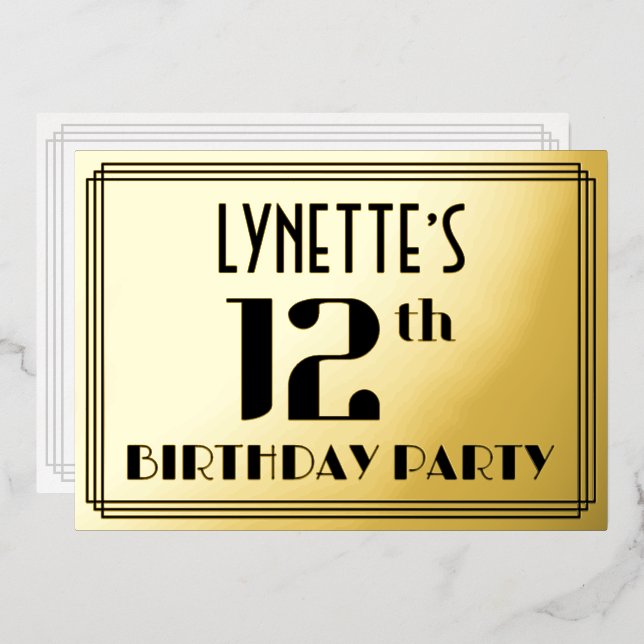 Invitación Con Relieve Metalizado Fiesta de cumpleaños 12: Art Deco Look "12" y nomb (Anverso/Reverso)