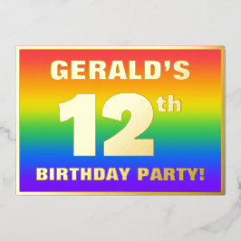 Invitación Con Relieve Metalizado Fiesta de cumpleaños 12: Patrón arcoiris divertido